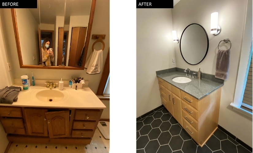This bathroom located in Ypsilanti uses Bellacor,Cardinal,DalTile,Onyx,Showplace Cabinets