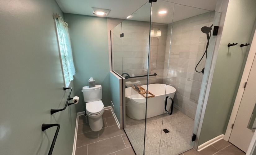 Freestanding Tub in Glass-Enclosed Shower Bathroom near Ann Arbor Michigan